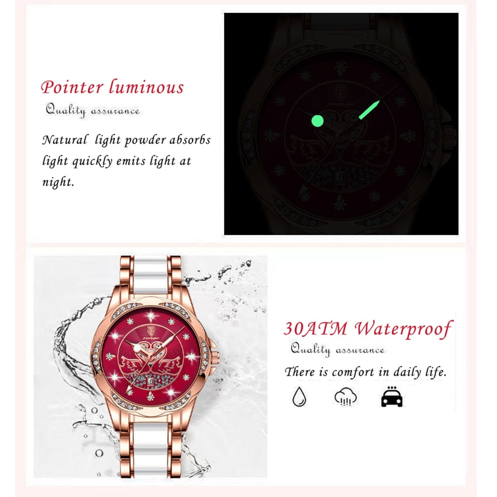 POEDAGAR-reloj de cuarzo de lujo para mujer, relojes de cerámica de oro rosa, de acero, resistentes al agua, luminosos, de marca suiza